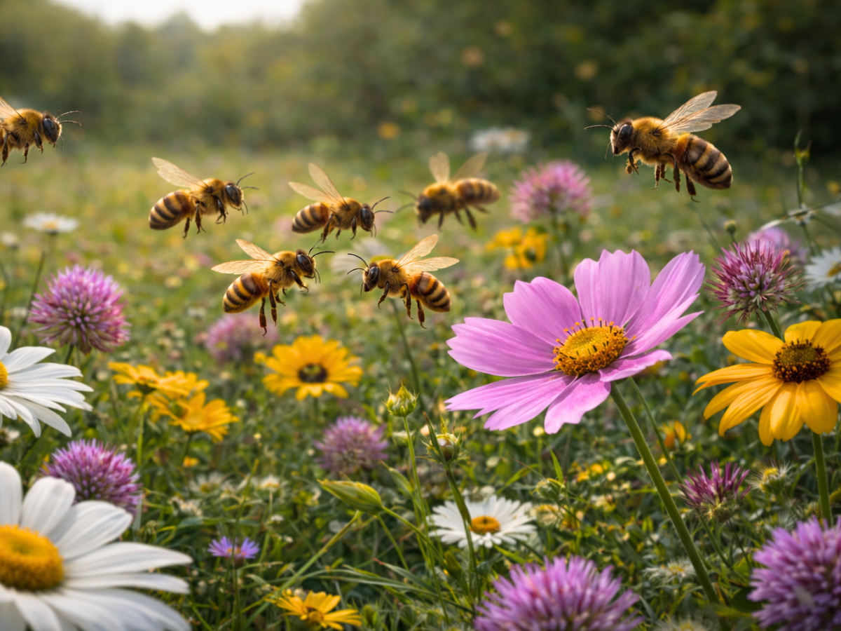 Bees flying among wildflowers in a field illustrating pollination and electric field interactions
