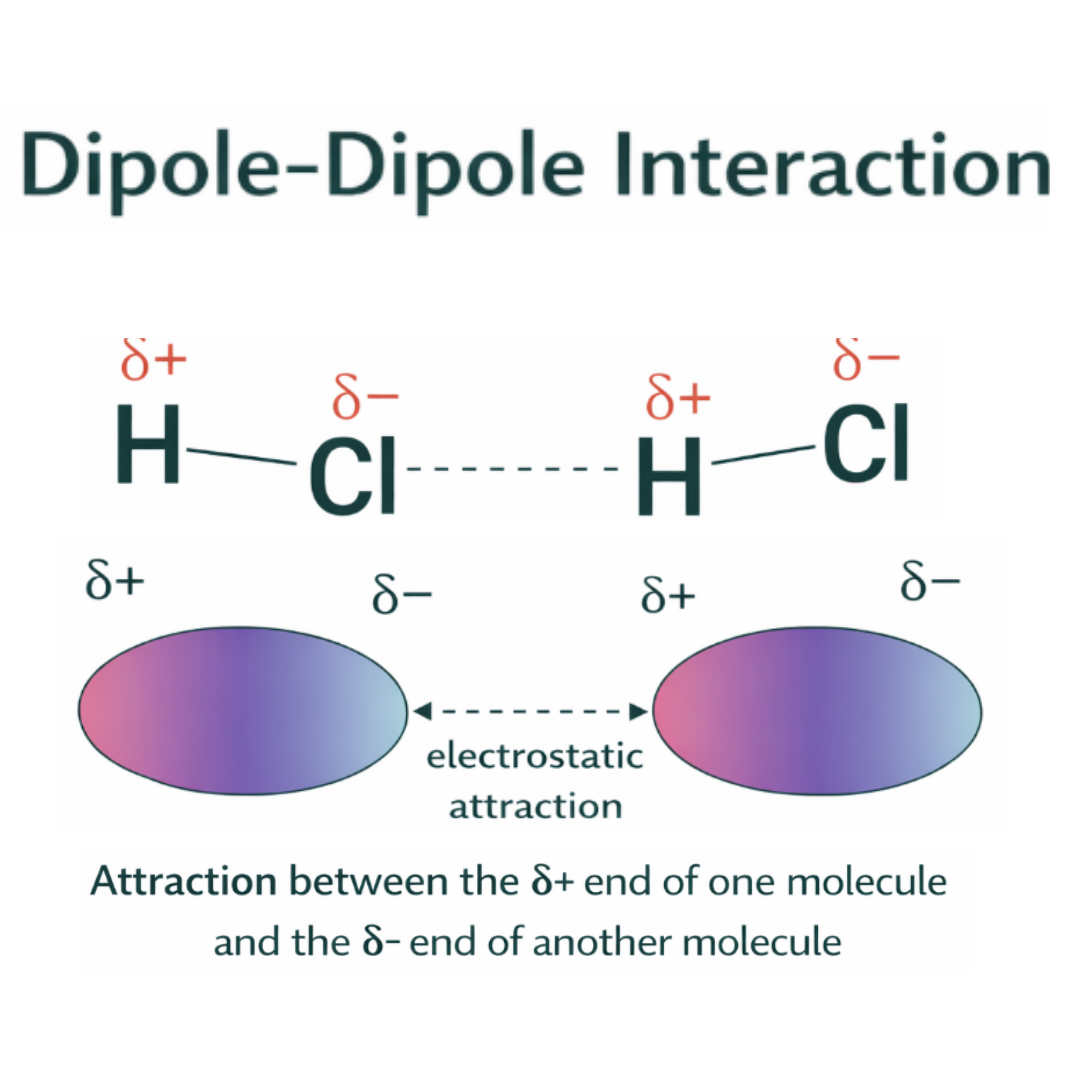 Dipole-dipole interaction diagram illustrating intermolecular forces and polarity with partial positive and negative charges between molecules in high school chemistry