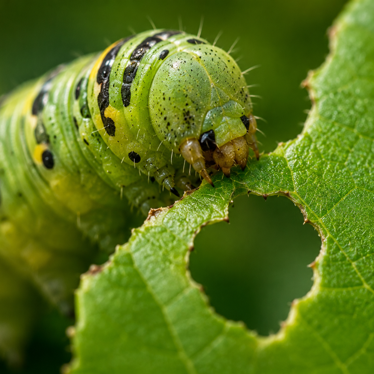 Close-up of a caterpillar chewing a leaf, illustrating how plants detect and respond to insect attacks.