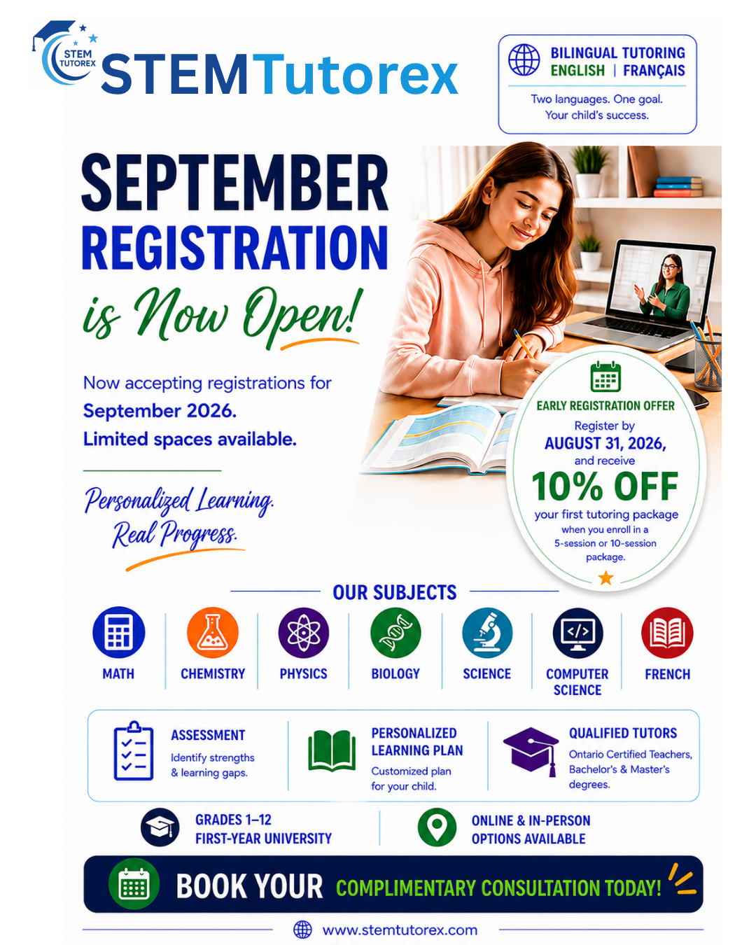 STEM TUTOREX September 2026 registration flyer with early registration offer, personalized tutoring for Grades 1–12 and first-year university, available online and in person.
