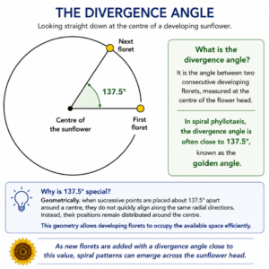 Diagram showing the divergence angle between two consecutive developing sunflower florets, with an example angle of 137.5°.