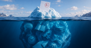 Iceberg showing an A- grade above the water, with books, a brain, puzzle pieces, a clock, and learning tools beneath the surface.