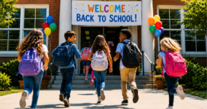 Students with backpacks heading into school on a bright and cheerful back-to-school day.