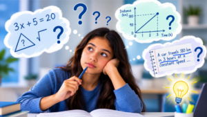 Student thinking through a math word problem using numbers, an equation, and a distance-time graph