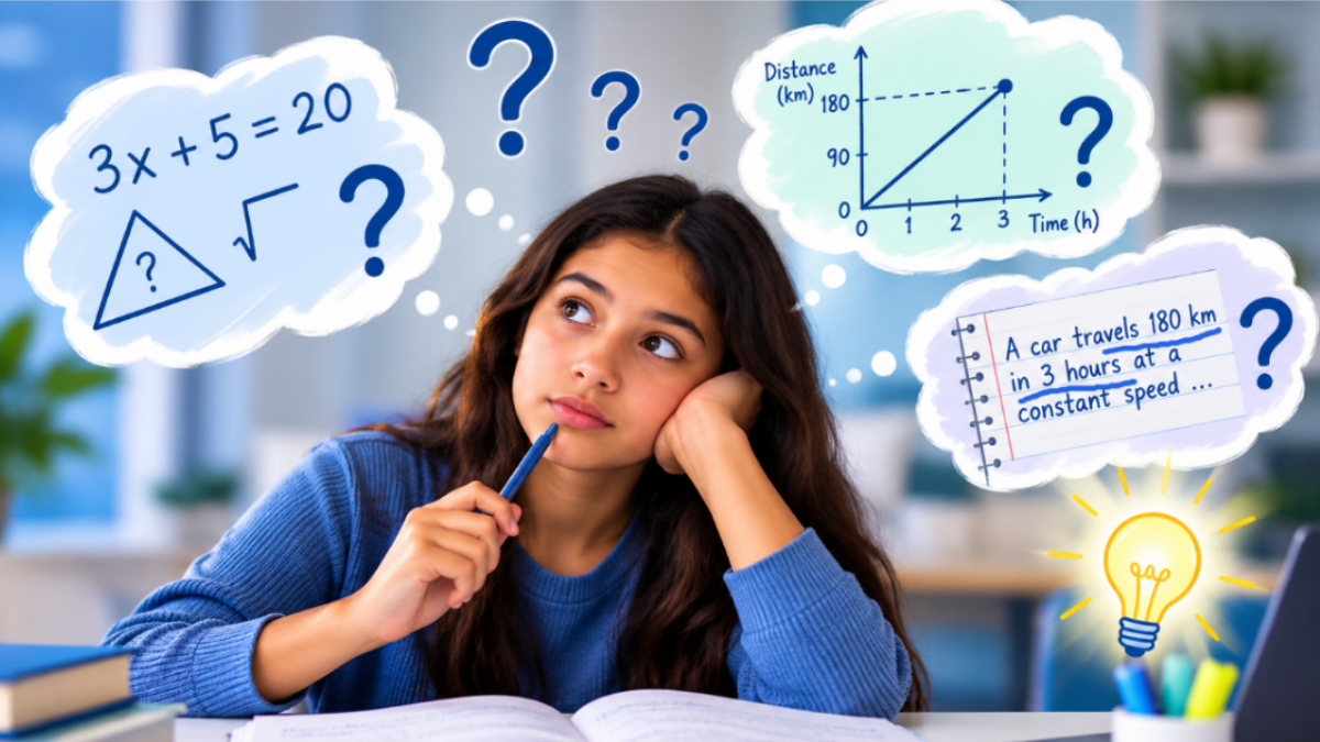 Student thinking through a math word problem using numbers, an equation, and a distance-time graph
